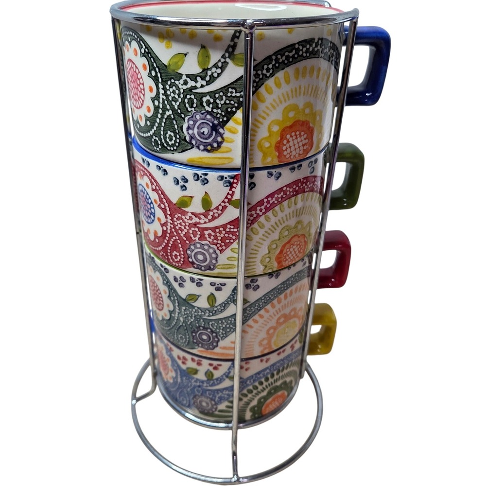 Pier 1 imports Stacking Coffee Mugs with‎ Stand Set of 4 Colorful Floral Design